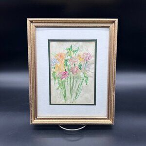Vintage Watercolor Floral Painting Gold Frame Pastel Flowers Original Wall Art